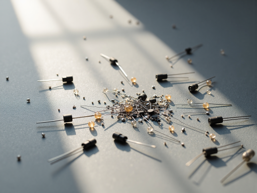 Close-up of various electronic components like resistors, capacitors, and integrated circuits arranged on a white surface, well-lit