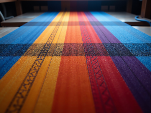 Colorful textile fabrics laid out flat, showing different patterns and textures, bright lighting